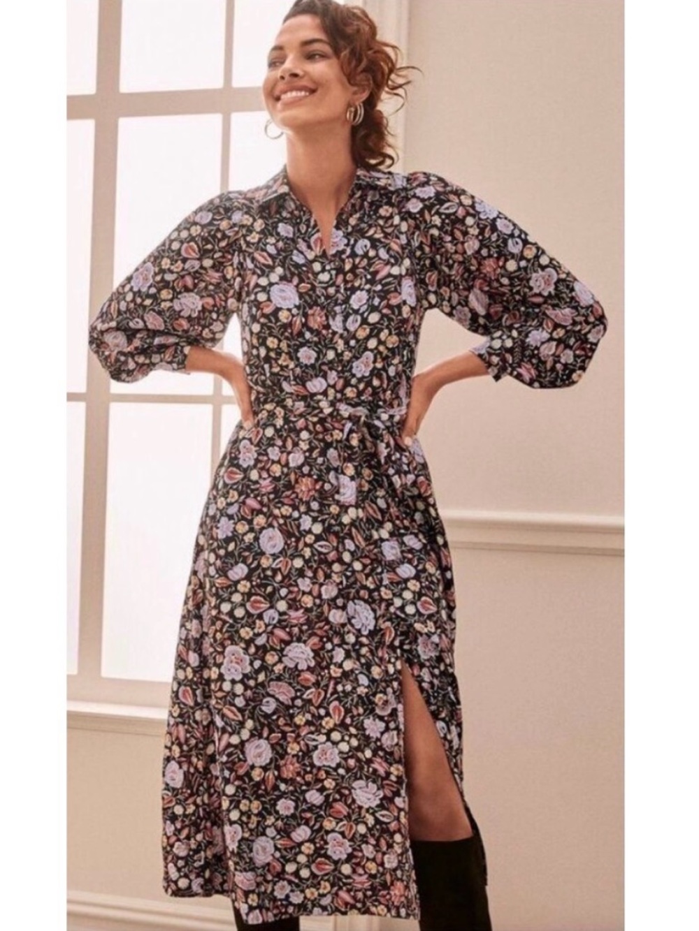Ann Taylor Autumn Black Floral Belted Long Sleeve Collared Midi Shirtdress